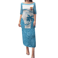 Fiji Rugby Puletasi World Cup 2023 Fijian Tapa Pattern Blue Version LT05 Long Dress Blue - Polynesian Pride