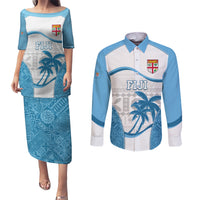 Custom Fiji Rugby Couples Matching Puletasi Dress and Long Sleeve Button Shirts World Cup 2023 Fijian Tapa Pattern Blue Version LT05 Blue - Polynesian Pride