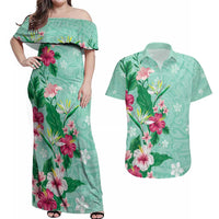 Hawaii Tropical Flowers Couples Matching Off Shoulder Maxi Dress and Hawaiian Shirt Polynesian Tattoo Mint Green