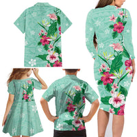 Hawaii Tropical Flowers Family Matching Long Sleeve Bodycon Dress and Hawaiian Shirt Polynesian Tattoo Mint Green LT05 - Polynesian Pride