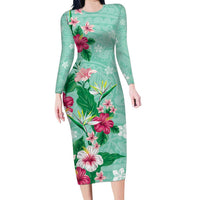 Hawaii Tropical Flowers Family Matching Long Sleeve Bodycon Dress and Hawaiian Shirt Polynesian Tattoo Mint Green LT05 Mom's Dress Green - Polynesian Pride