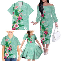 Hawaii Tropical Flowers Family Matching Off The Shoulder Long Sleeve Dress and Hawaiian Shirt Polynesian Tattoo Mint Green LT05 - Polynesian Pride