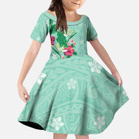 Hawaii Tropical Flowers Family Matching Off Shoulder Maxi Dress and Hawaiian Shirt - Polynesian Tattoo Mint Green LT05 Daughter's Dress Green - Polynesian Pride
