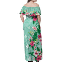 Hawaii Tropical Flowers Family Matching Off Shoulder Maxi Dress and Hawaiian Shirt - Polynesian Tattoo Mint Green LT05 - Polynesian Pride