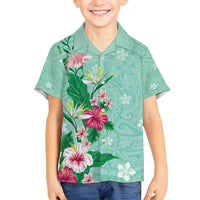 Hawaii Tropical Flowers Family Matching Off Shoulder Maxi Dress and Hawaiian Shirt - Polynesian Tattoo Mint Green LT05 Son's Shirt Green - Polynesian Pride