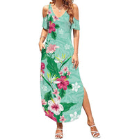 Hawaii Tropical Flowers Family Matching Summer Maxi Dress and Hawaiian Shirt - Polynesian Tattoo Mint Green LT05 Mom's Dress Green - Polynesian Pride