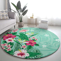 Hawaii Tropical Flowers Round Carpet Polynesian Tattoo Mint Green