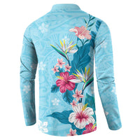 Hawaii Tropical Flowers Button Sweatshirt Polynesian Tattoo Sky Blue