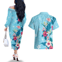 Hawaii Tropical Flowers Couples Matching Off The Shoulder Long Sleeve Dress and Hawaiian Shirt Polynesian Tattoo Sky Blue