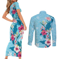 Hawaii Tropical Flowers Couples Matching Short Sleeve Bodycon Dress and Long Sleeve Button Shirt Polynesian Tattoo Sky Blue