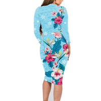 Hawaii Tropical Flowers Family Matching Long Sleeve Bodycon Dress and Hawaiian Shirt Polynesian Tattoo Sky Blue LT05 - Polynesian Pride