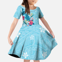Hawaii Tropical Flowers Family Matching Off The Shoulder Long Sleeve Dress and Hawaiian Shirt Polynesian Tattoo Sky Blue LT05 Daughter's Dress Blue - Polynesian Pride