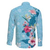 Hawaii Tropical Flowers Family Matching Off Shoulder Maxi Dress and Hawaiian Shirt - Polynesian Tattoo Sky Blue LT05 - Polynesian Pride
