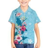 Hawaii Tropical Flowers Family Matching Off Shoulder Maxi Dress and Hawaiian Shirt - Polynesian Tattoo Sky Blue LT05 Son's Shirt Blue - Polynesian Pride
