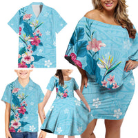 Hawaii Tropical Flowers Family Matching Off Shoulder Short Dress and Hawaiian Shirt Polynesian Tattoo Sky Blue LT05 - Polynesian Pride
