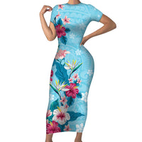 Hawaii Tropical Flowers Family Matching Short Sleeve Bodycon Dress and Hawaiian Shirt Polynesian Tattoo Sky Blue LT05 Mom's Dress Blue - Polynesian Pride