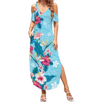 Hawaii Tropical Flowers Family Matching Summer Maxi Dress and Hawaiian Shirt - Polynesian Tattoo Sky Blue LT05 Mom's Dress Blue - Polynesian Pride