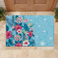 Hawaii Tropical Flowers Rubber Doormat Polynesian Tattoo Sky Blue