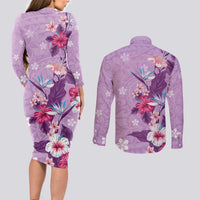 Hawaii Tropical Flowers Couples Matching Long Sleeve Bodycon Dress and Long Sleeve Button Shirt Polynesian Tattoo Lavender