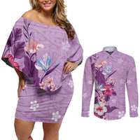 Hawaii Tropical Flowers Couples Matching Off Shoulder Short Dress and Long Sleeve Button Shirt Polynesian Tattoo Lavender