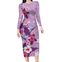 Hawaii Tropical Flowers Family Matching Long Sleeve Bodycon Dress and Hawaiian Shirt Polynesian Tattoo Lavender LT05 Mom's Dress Lavender - Polynesian Pride