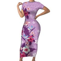 Hawaii Tropical Flowers Family Matching Short Sleeve Bodycon Dress and Hawaiian Shirt Polynesian Tattoo Lavender LT05 Mom's Dress Lavender - Polynesian Pride