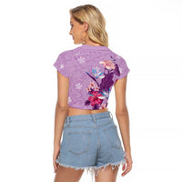 Hawaii Tropical Flowers Raglan Cropped T Shirt Polynesian Tattoo Lavender