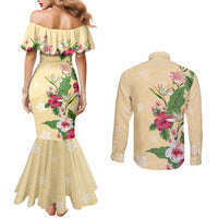Hawaii Tropical Flowers Couples Matching Mermaid Dress and Long Sleeve Button Shirt Polynesian Tattoo Buttermilk