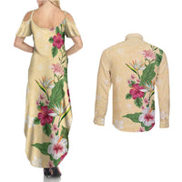 Hawaii Tropical Flowers Couples Matching Summer Maxi Dress and Long Sleeve Button Shirt Polynesian Tattoo Buttermilk