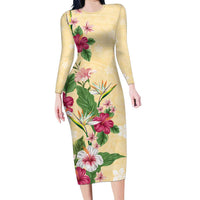 Hawaii Tropical Flowers Family Matching Long Sleeve Bodycon Dress and Hawaiian Shirt Polynesian Tattoo Buttermilk LT05 Mom's Dress Beige - Polynesian Pride