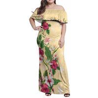 Hawaii Tropical Flowers Family Matching Off Shoulder Maxi Dress and Hawaiian Shirt Polynesian Tattoo Buttermilk LT05 Mom's Dress Beige - Polynesian Pride