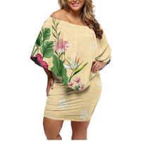 Hawaii Tropical Flowers Family Matching Off Shoulder Short Dress and Hawaiian Shirt Polynesian Tattoo Buttermilk LT05 Mom's Dress Beige - Polynesian Pride