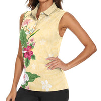 Hawaii Tropical Flowers Women Sleeveless Polo Shirt Polynesian Tattoo Buttermilk