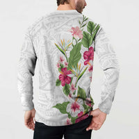 Hawaii Tropical Flowers Button Sweatshirt Polynesian Tattoo White