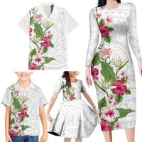 Hawaii Tropical Flowers Family Matching Long Sleeve Bodycon Dress and Hawaiian Shirt Polynesian Tattoo White LT05 - Polynesian Pride