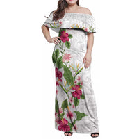 Hawaii Tropical Flowers Family Matching Off Shoulder Maxi Dress and Hawaiian Shirt - Polynesian Tattoo White LT05 Mom's Dress White - Polynesian Pride