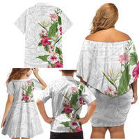 Hawaii Tropical Flowers Family Matching Off Shoulder Short Dress and Hawaiian Shirt Polynesian Tattoo White LT05 - Polynesian Pride