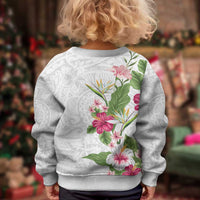 Hawaii Tropical Flowers Kid Ugly Christmas Sweater Polynesian Tattoo White