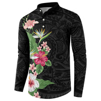 Hawaii Tropical Flowers Button Sweatshirt Polynesian Tattoo Black