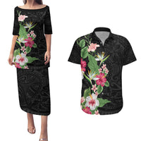 Hawaii Tropical Flowers Couples Matching Puletasi and Hawaiian Shirt Polynesian Tattoo Black