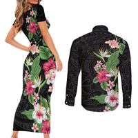 Hawaii Tropical Flowers Couples Matching Short Sleeve Bodycon Dress and Long Sleeve Button Shirt Polynesian Tattoo Black
