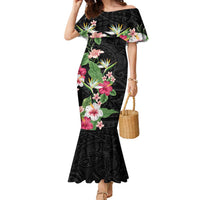 Hawaii Tropical Flowers Family Matching Mermaid Dress and Hawaiian Shirt Polynesian Tattoo Black LT05 Mom's Dress Black - Polynesian Pride