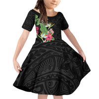 Hawaii Tropical Flowers Family Matching Off Shoulder Short Dress and Hawaiian Shirt Polynesian Tattoo Black LT05 Daughter's Dress Black - Polynesian Pride