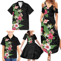 Hawaii Tropical Flowers Family Matching Summer Maxi Dress and Hawaiian Shirt Polynesian Tattoo Black LT05 - Polynesian Pride