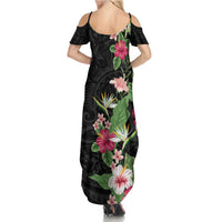 Hawaii Tropical Flowers Family Matching Summer Maxi Dress and Hawaiian Shirt Polynesian Tattoo Black LT05 - Polynesian Pride