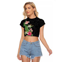 Hawaii Tropical Flowers Raglan Cropped T Shirt Polynesian Tattoo Black
