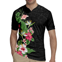 Hawaii Tropical Flowers Rugby Jersey Polynesian Tattoo Black