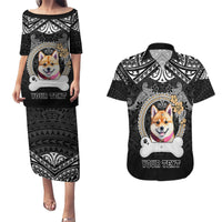 Personalized Shiba Inu Dog Couples Matching Puletasi Dress and Hawaiian Shirt With Polynesian Heart Name Tags LT05 Black - Polynesian Pride