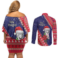 Guam Christmas Couples Matching Off Shoulder Short Dress and Long Sleeve Button Shirt Felis Nabidat Guaman Seal With Poinsettia LT05 - Polynesian Pride
