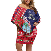 Guam Christmas Family Matching Off Shoulder Short Dress and Hawaiian Shirt Felis Nabidat Guaman Seal With Poinsettia LT05 Mom's Dress Blue - Polynesian Pride